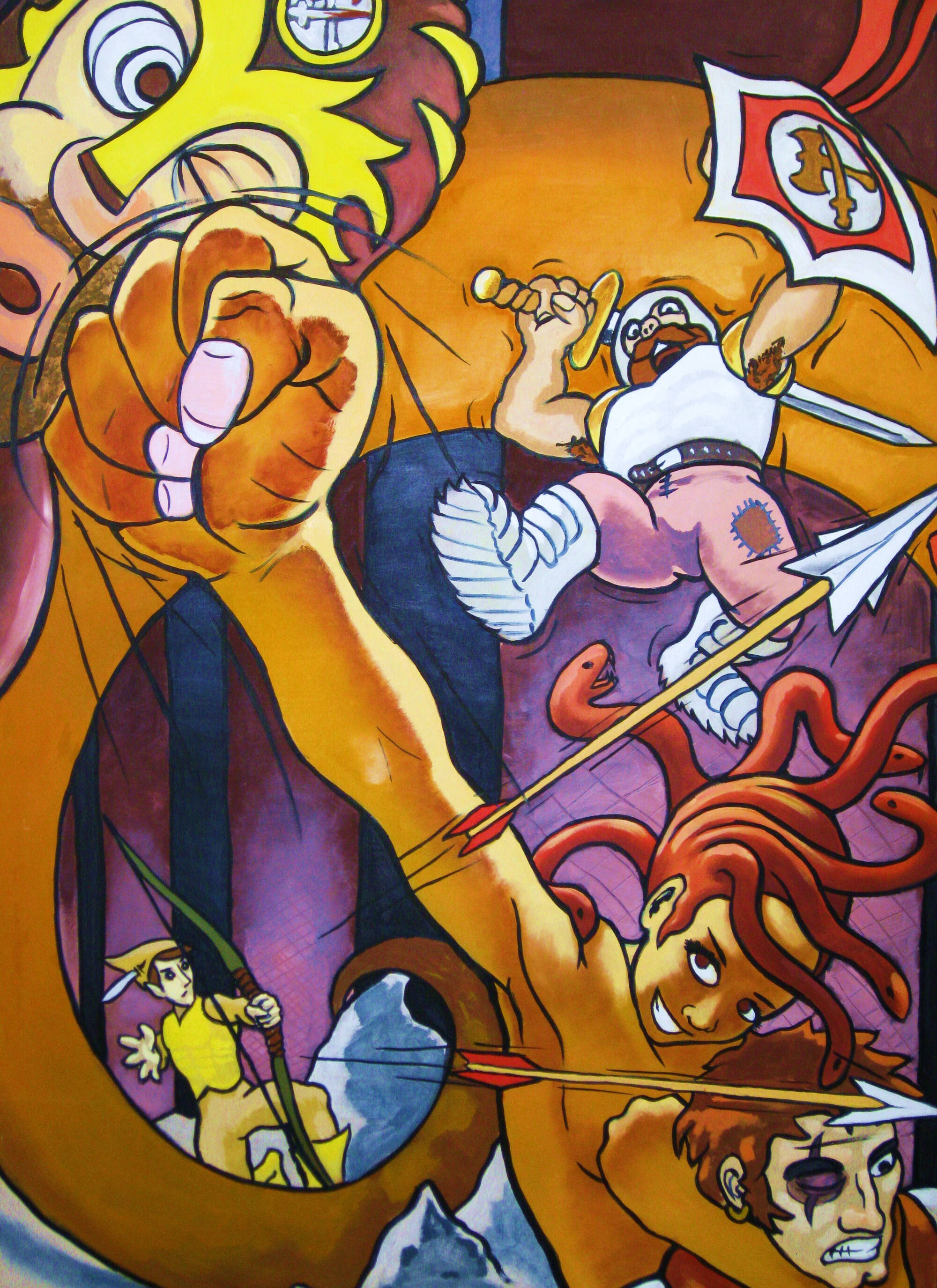 Illustrative painting, comic-like, depicting several characters from different myths battling.